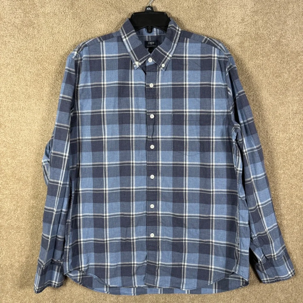 J. Crew Button‎ Down Shirt Mens Large Blue Plaid Heathered Cotton Long Sleeve